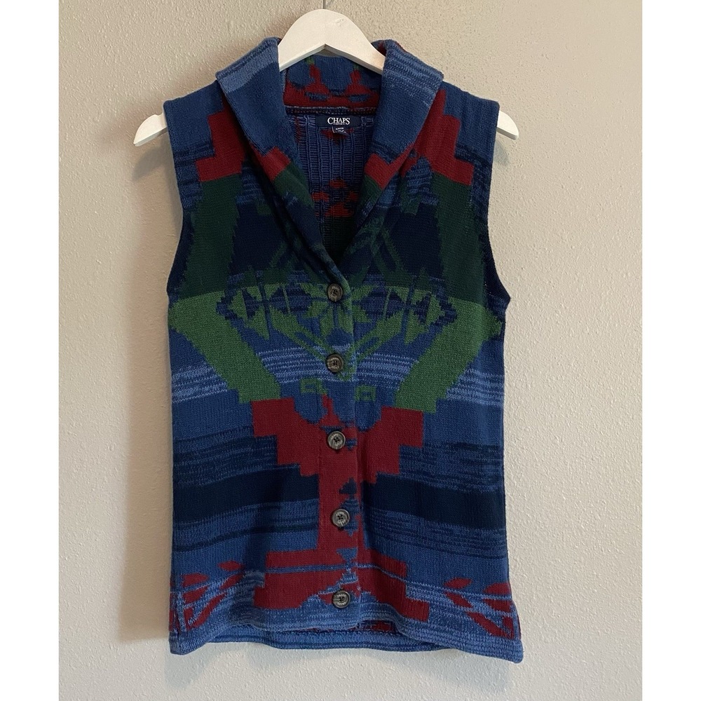 Chaps Denim Southwestern Aztec Button Front Knit Sweater Vest Small EUC